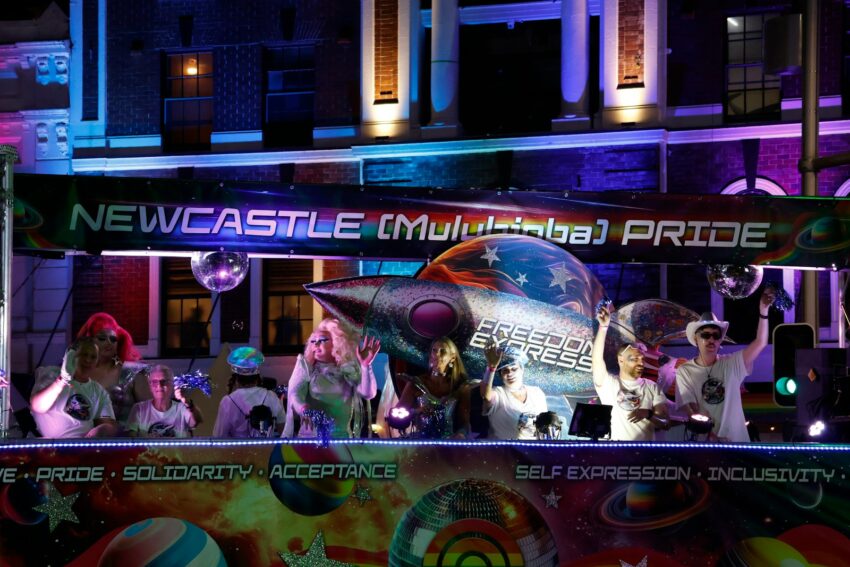 Newcastle pride parade with a float